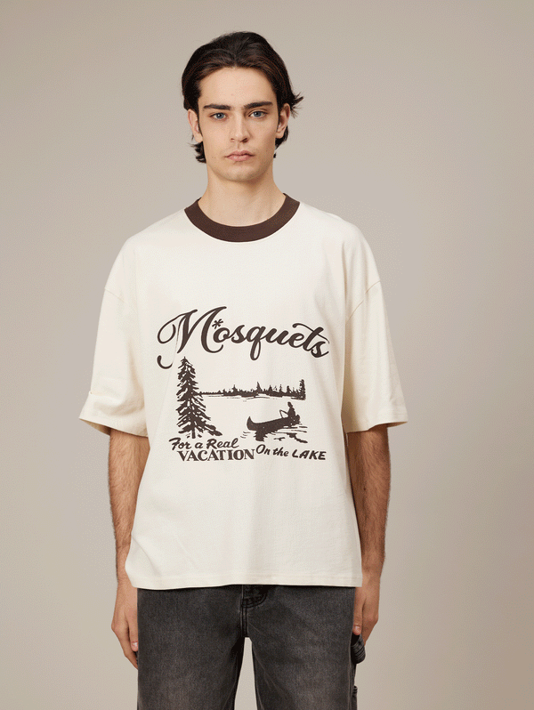 CREAM BROWN CONTRAST COLLAR T-SHIRT "VACATION"