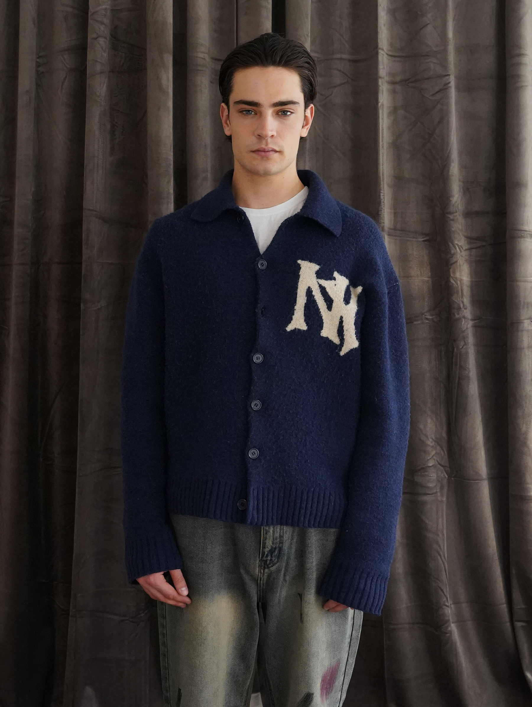 DARK BLUE MOHAIR KNIT JACKET "NY"