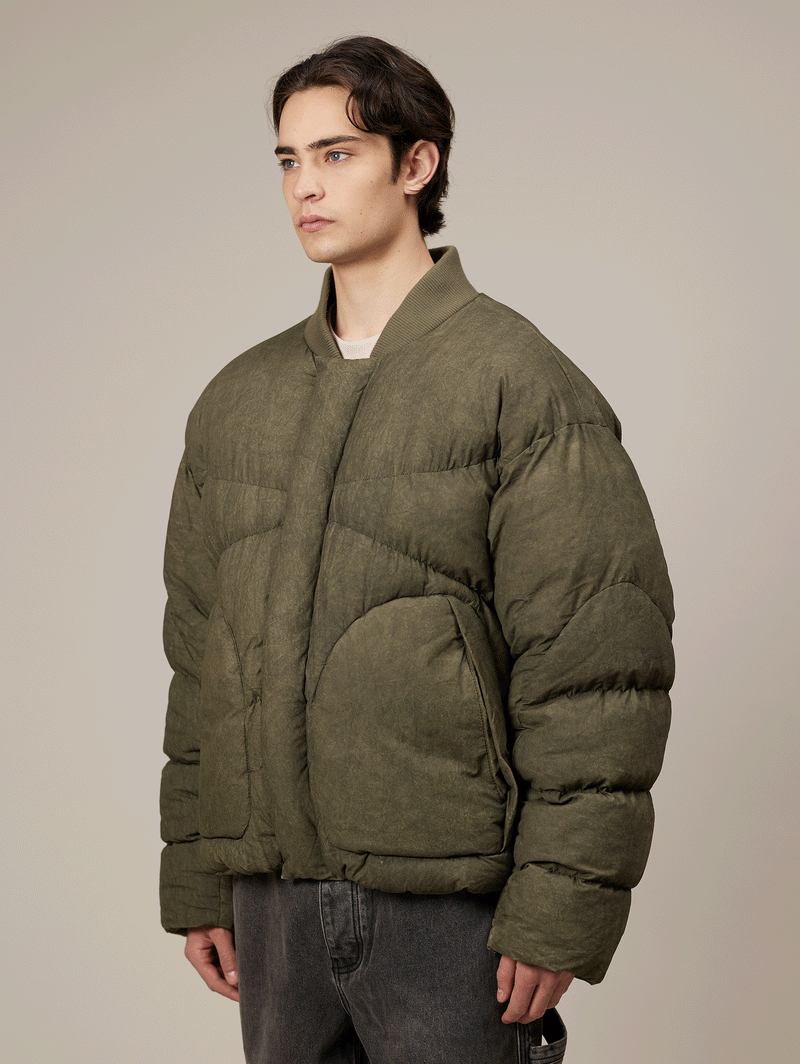 GREEN WASHED BOMBER PUFFER JACKET