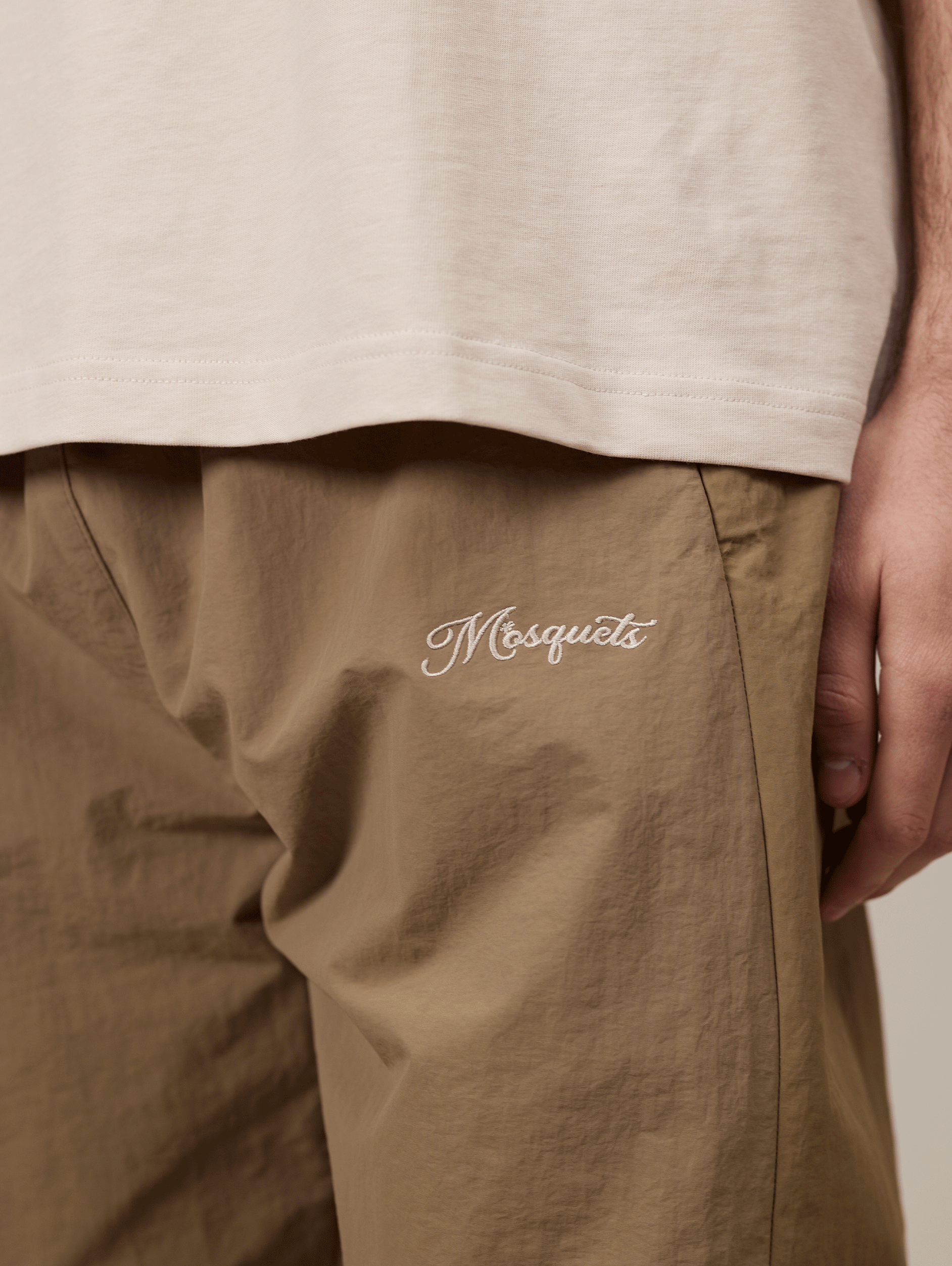 BEIGE CONTRAST NYLON TRACK PANTS