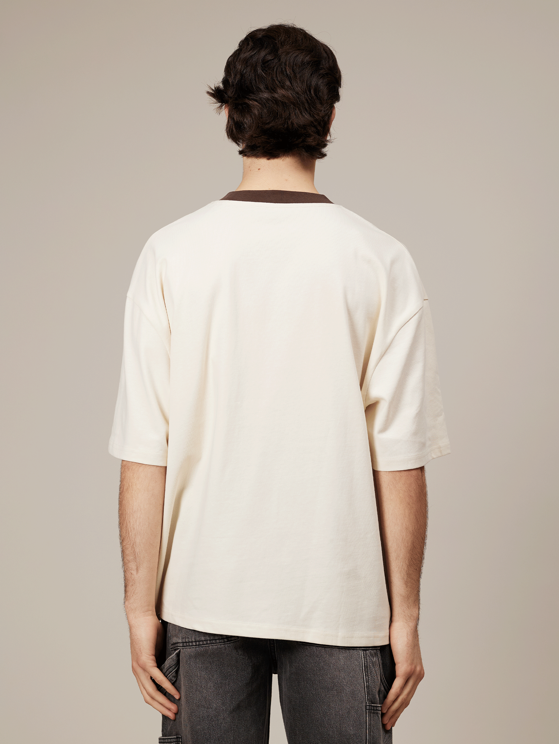 CREAM BROWN CONTRAST COLLAR T-SHIRT 