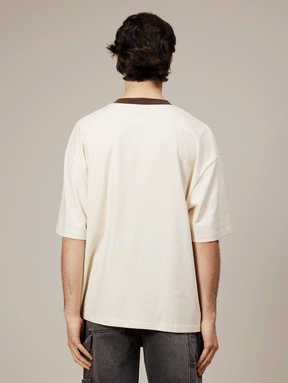 CREAM BROWN CONTRAST COLLAR T-SHIRT "VACATION"