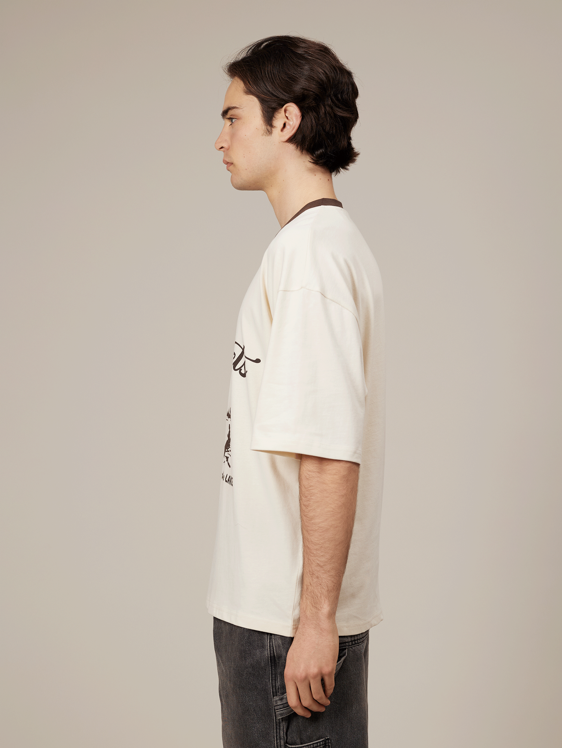 CREAM BROWN CONTRAST COLLAR T-SHIRT 