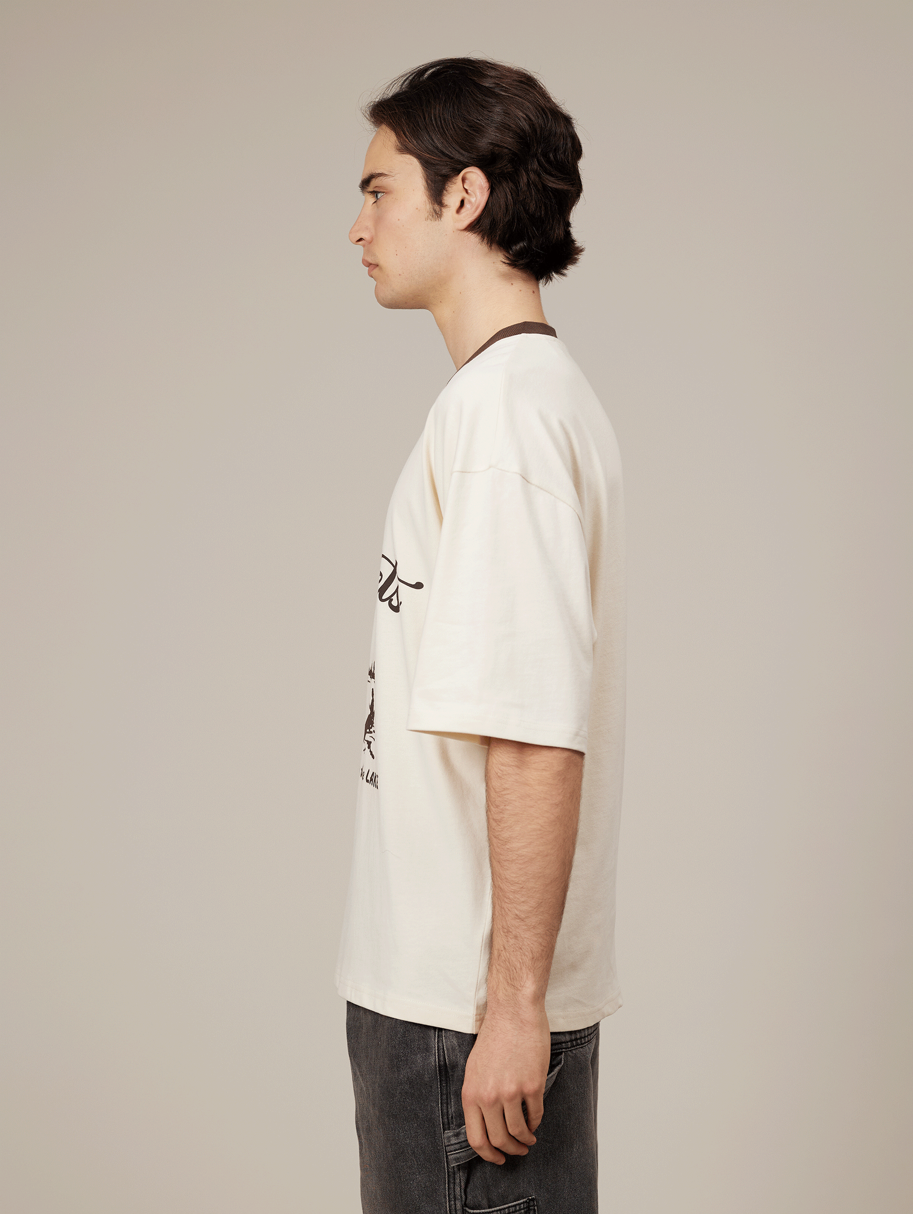 CREAM BROWN CONTRAST COLLAR T-SHIRT "VACATION"