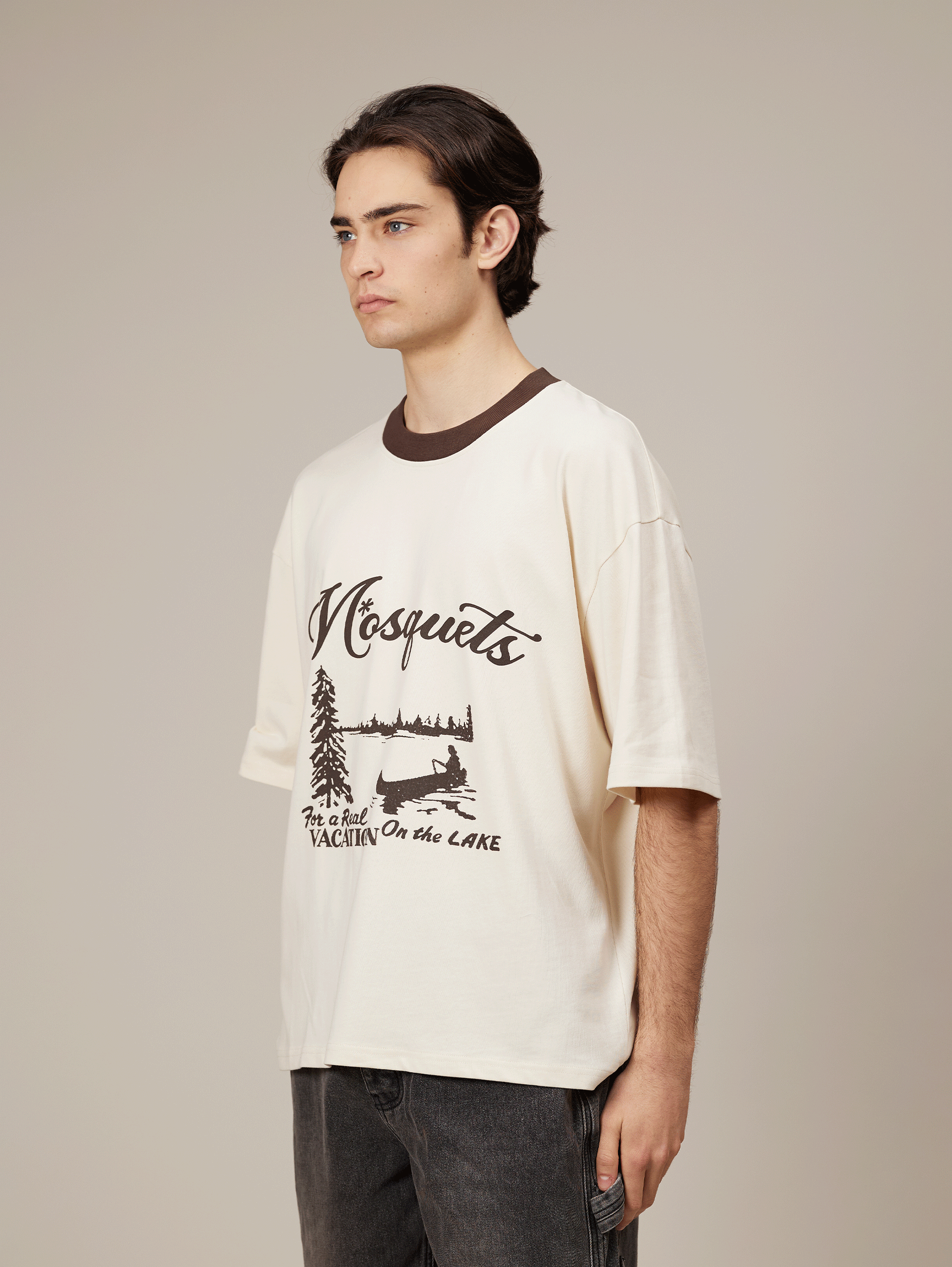 CREAM BROWN CONTRAST COLLAR T-SHIRT 