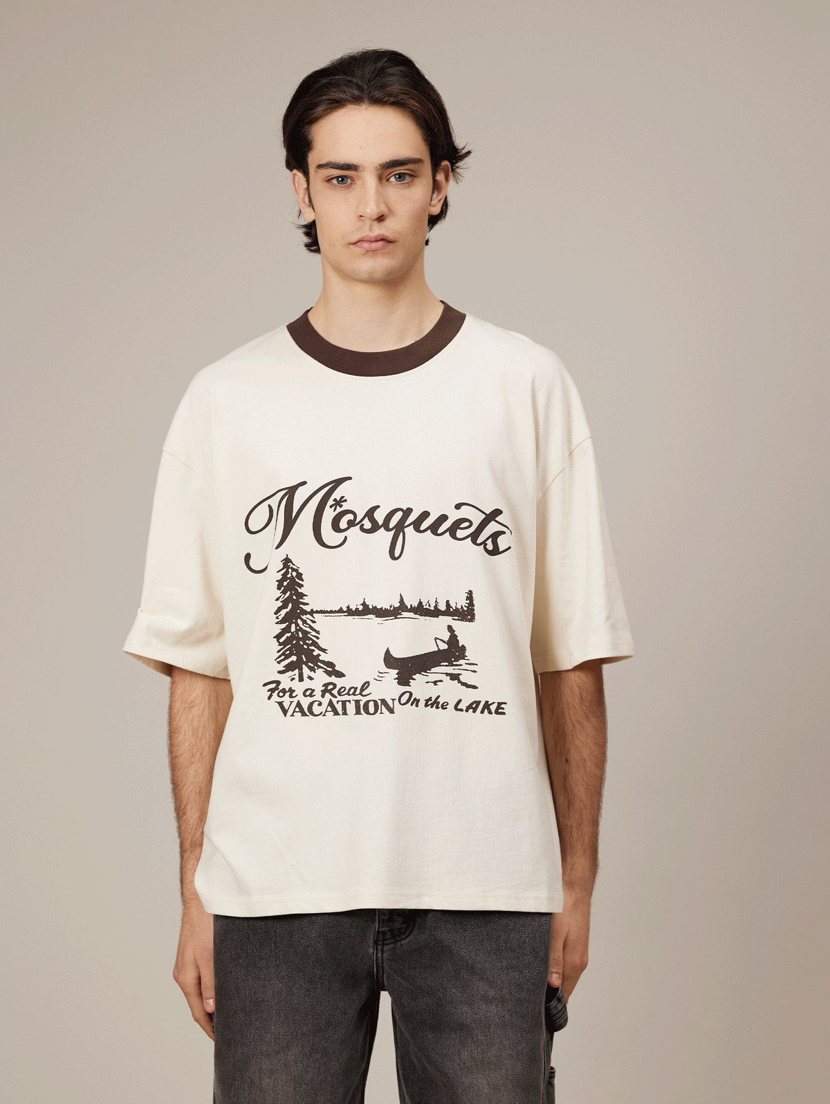 CREAM BROWN CONTRAST COLLAR T-SHIRT "VACATION"