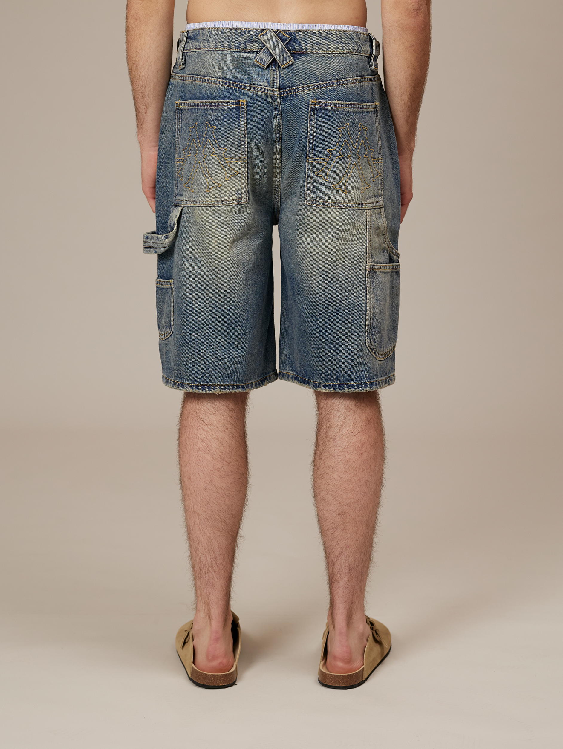 MID BLUE WASHED DENIM JORTS 