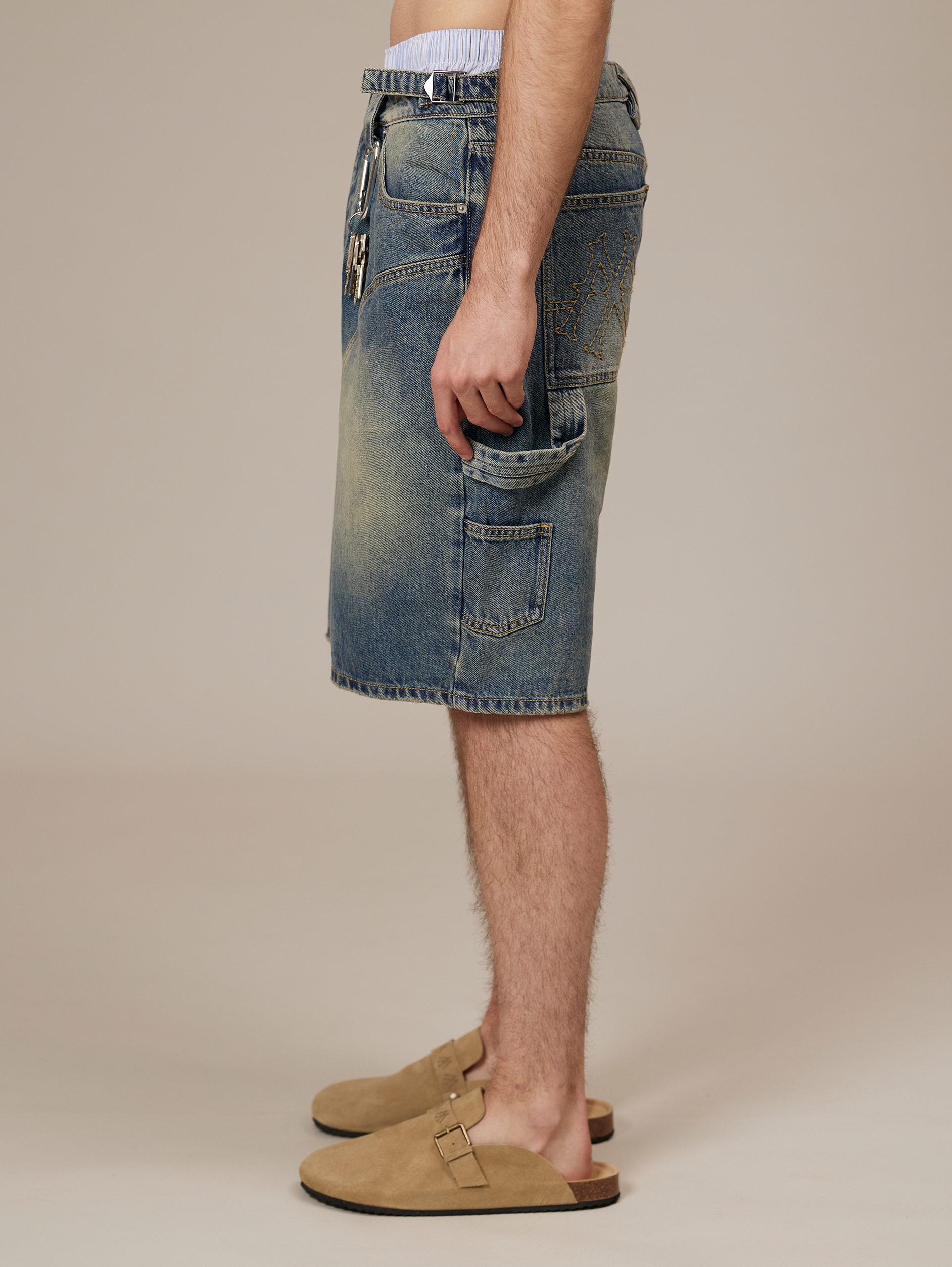 MID BLUE WASHED DENIM JORTS 