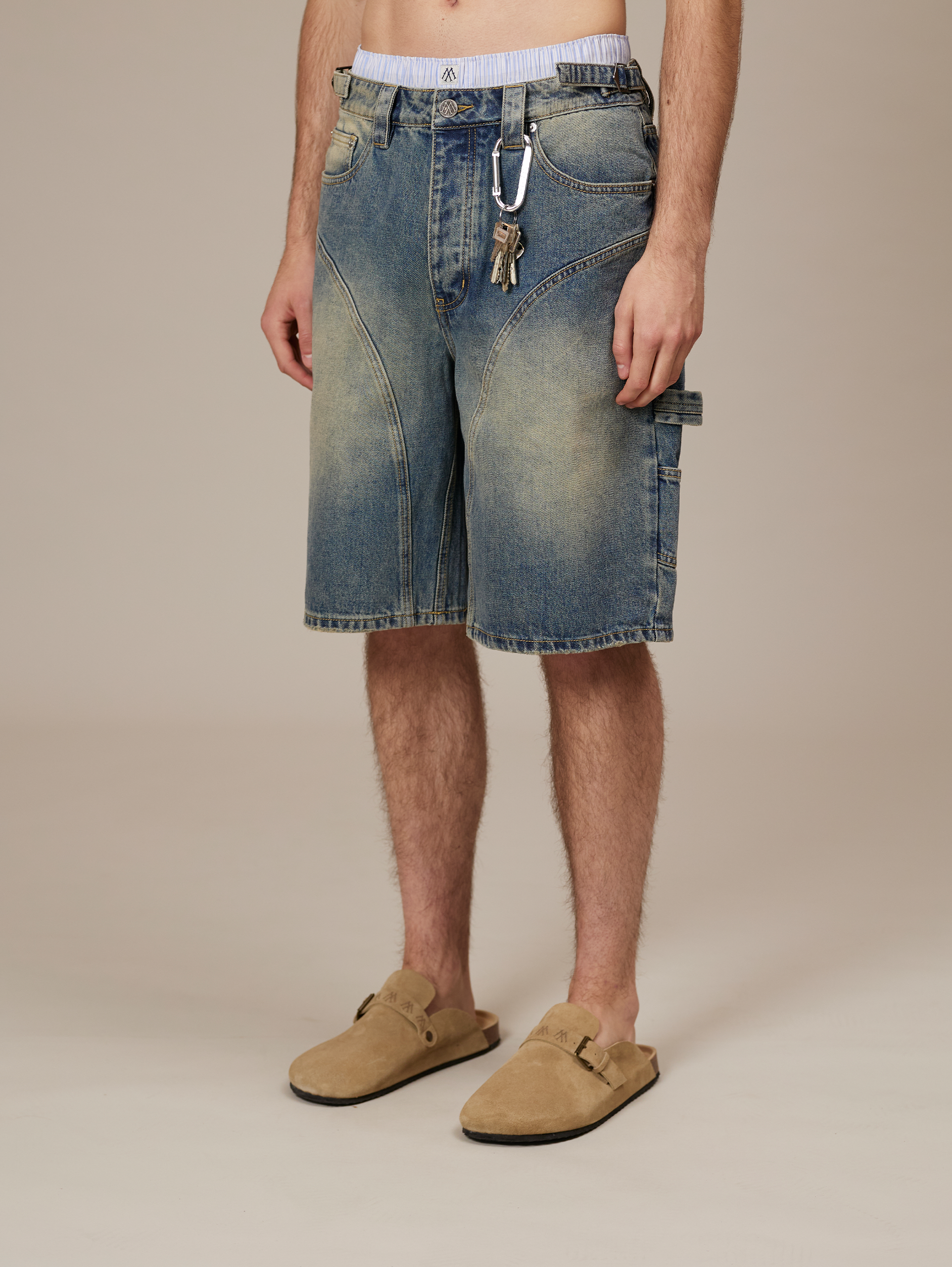 MID BLUE WASHED DENIM JORTS 