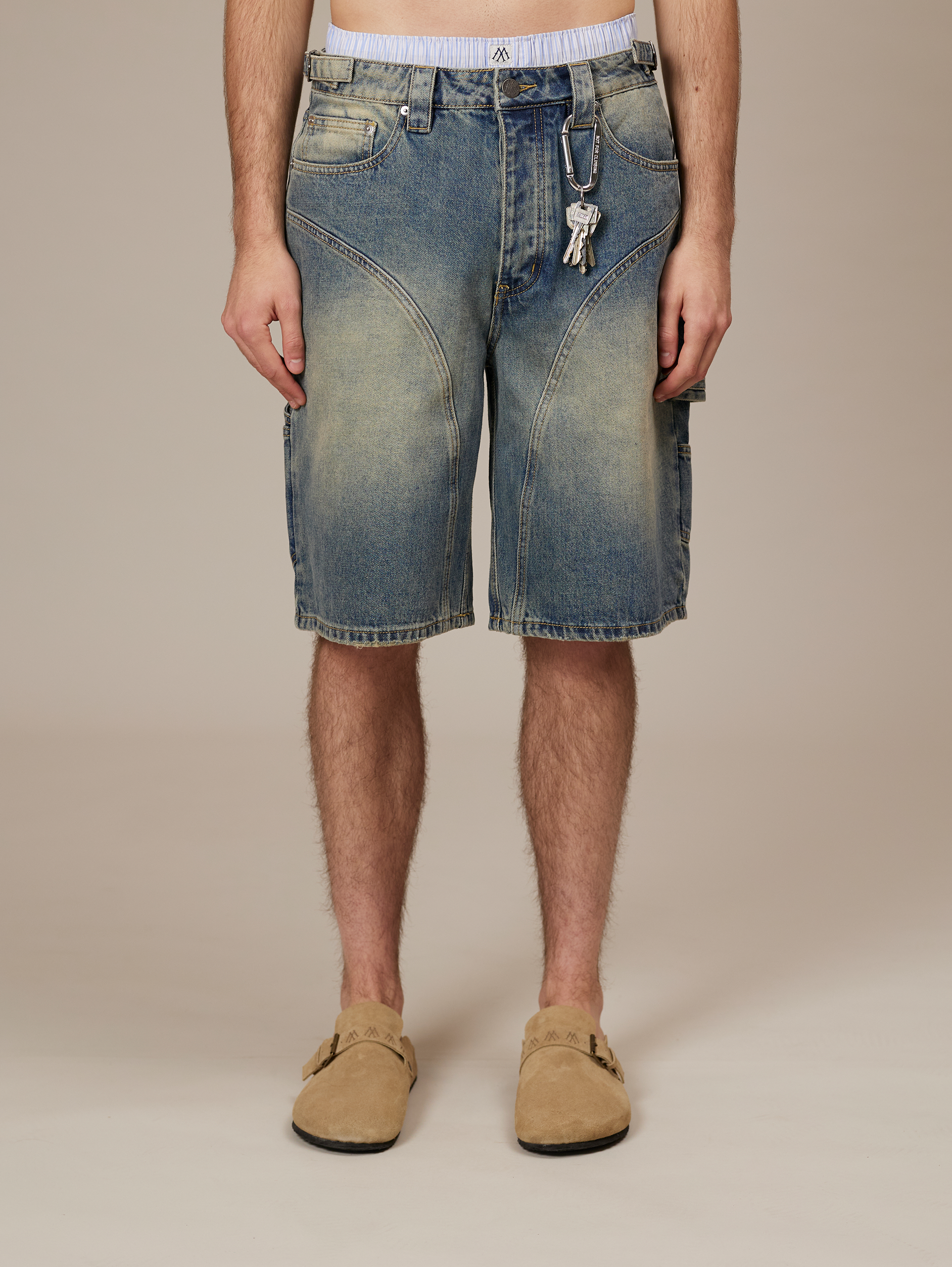 MID BLUE WASHED DENIM JORTS 