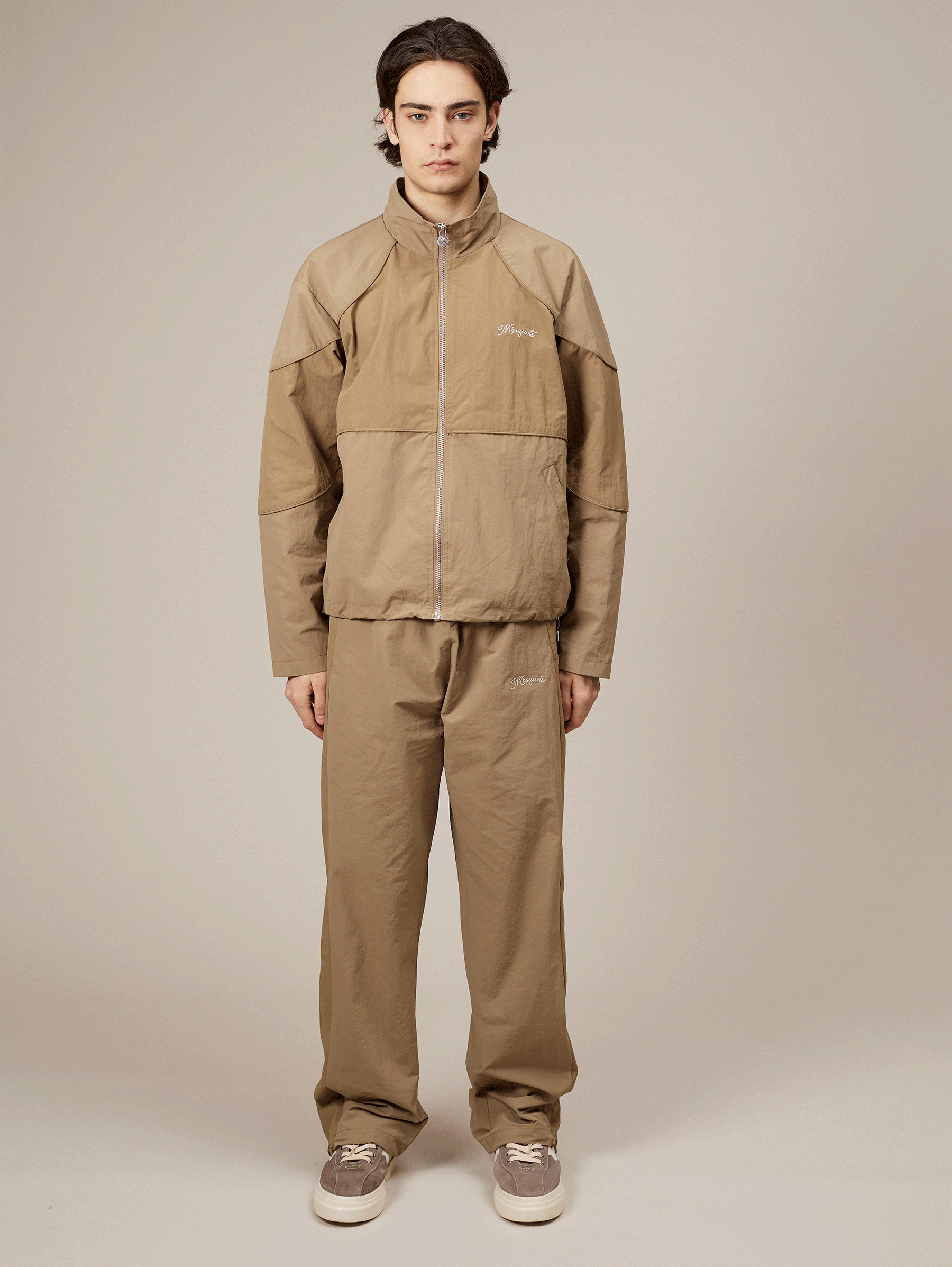 BEIGE CONTRAST NYLON TRACK JACKET