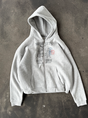 GREY MELANGE ZIP HOODED "NEW YORK SEAL" - Mosquets