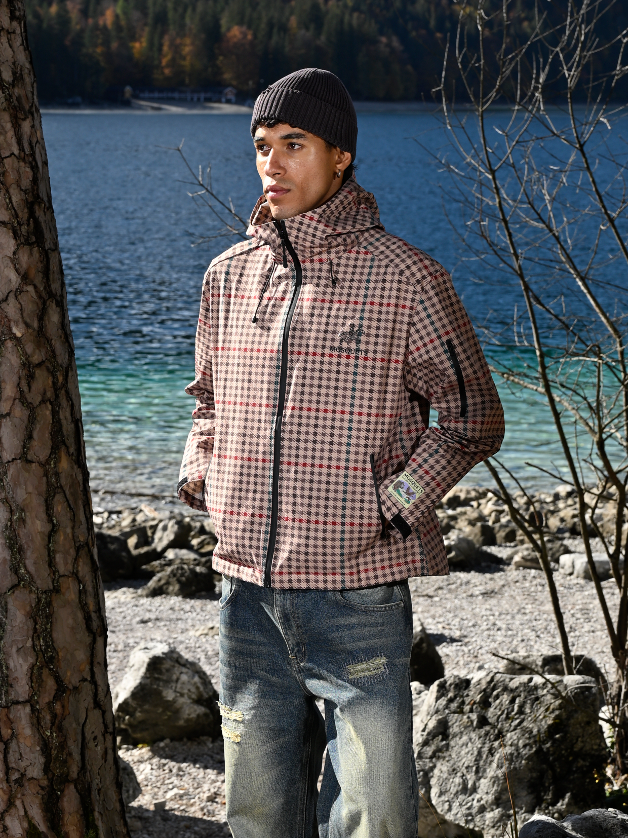 BEIGE TARTAN CHECK  RAIN SHELL JACKET 