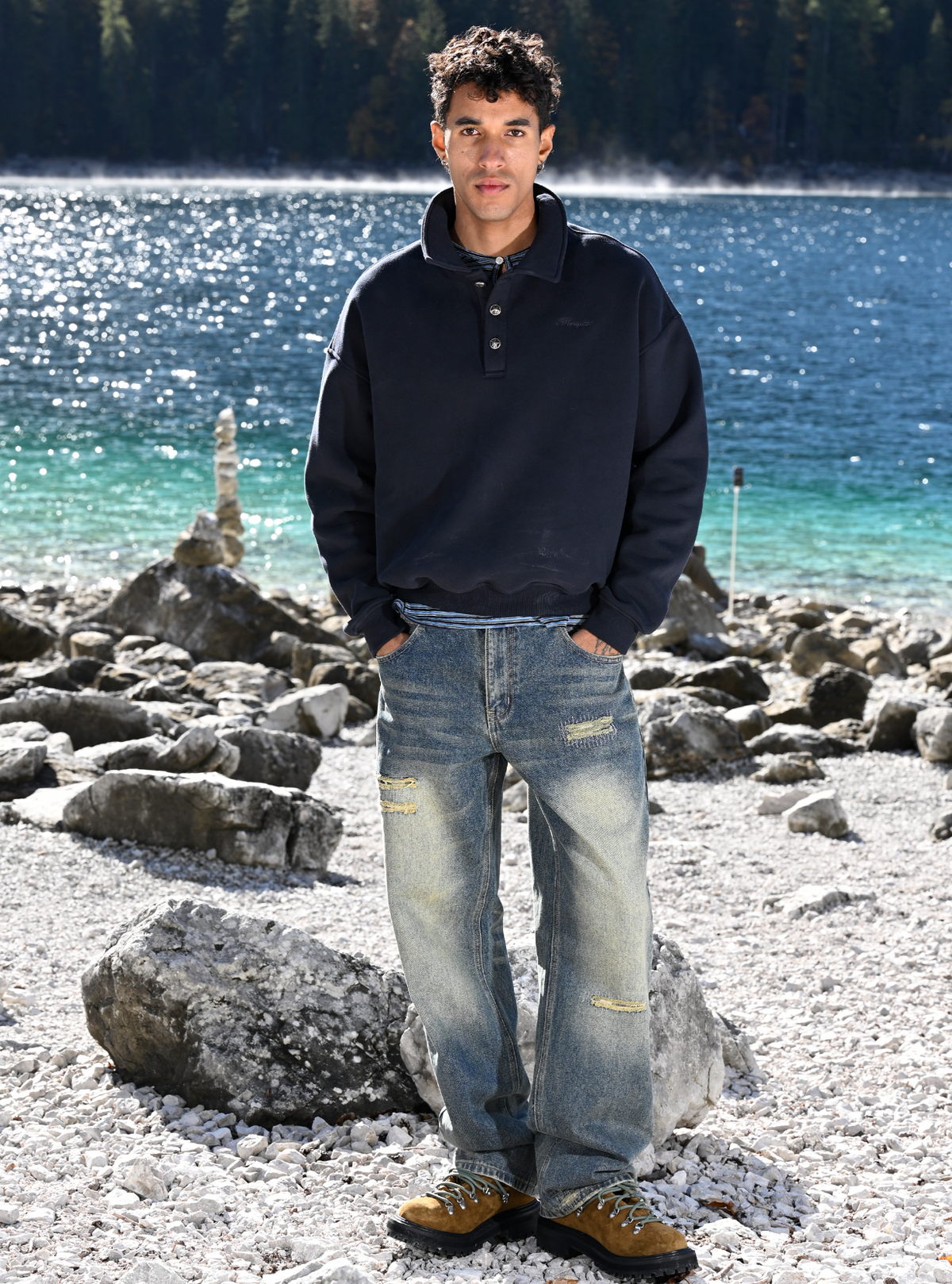 DARK BLUE POLO SWEATSHIRT "BUTTONS"