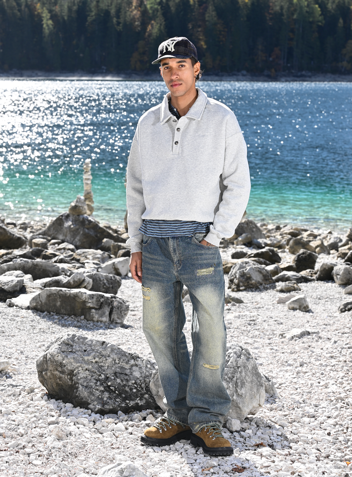 GREY MELANGE POLO SWEATSHIRT 