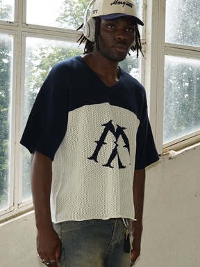 CONTRAST WHITE BLUE KNIT FOOTBALL JERSEY "M"