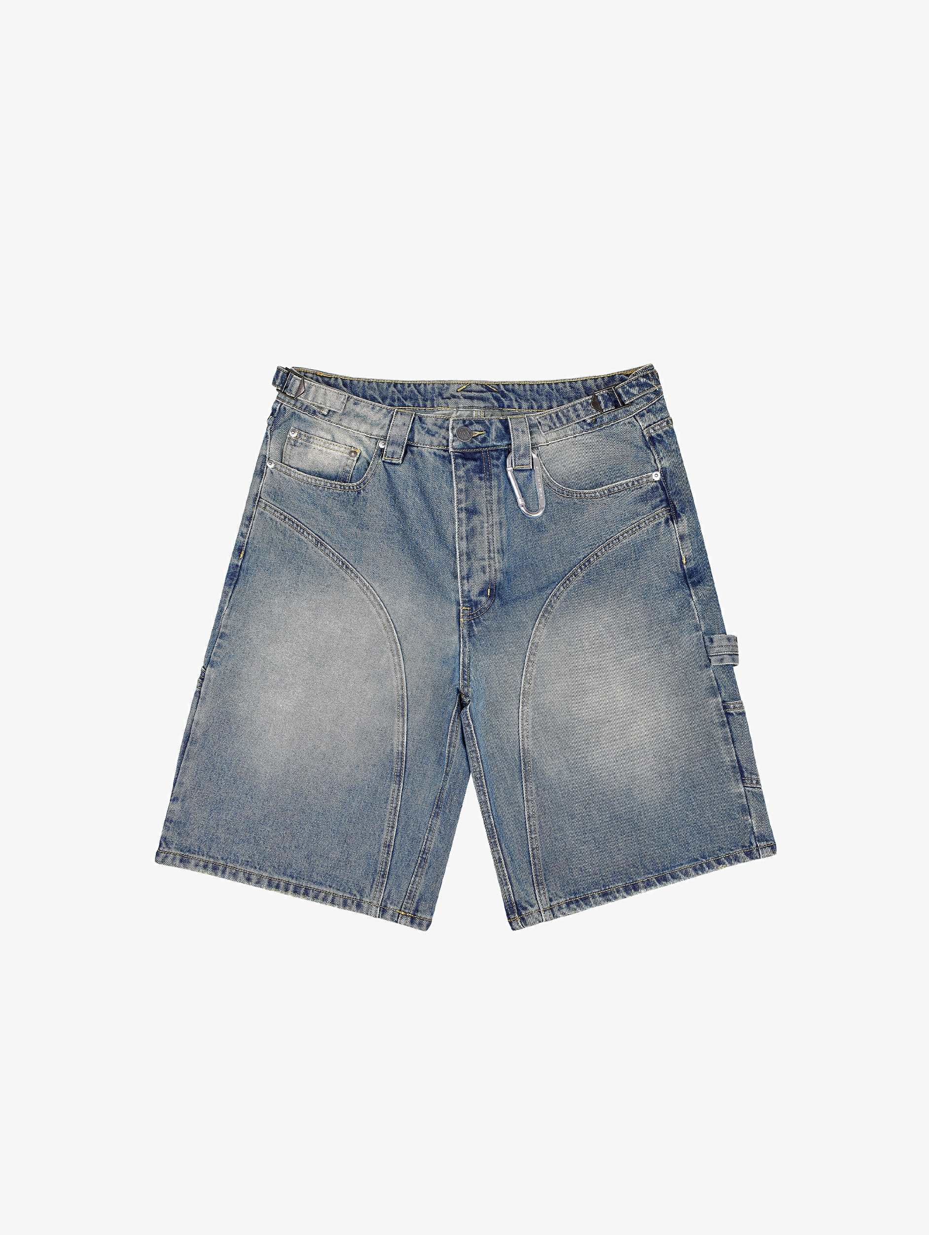 MID BLUE WASHED DENIM JORTS 