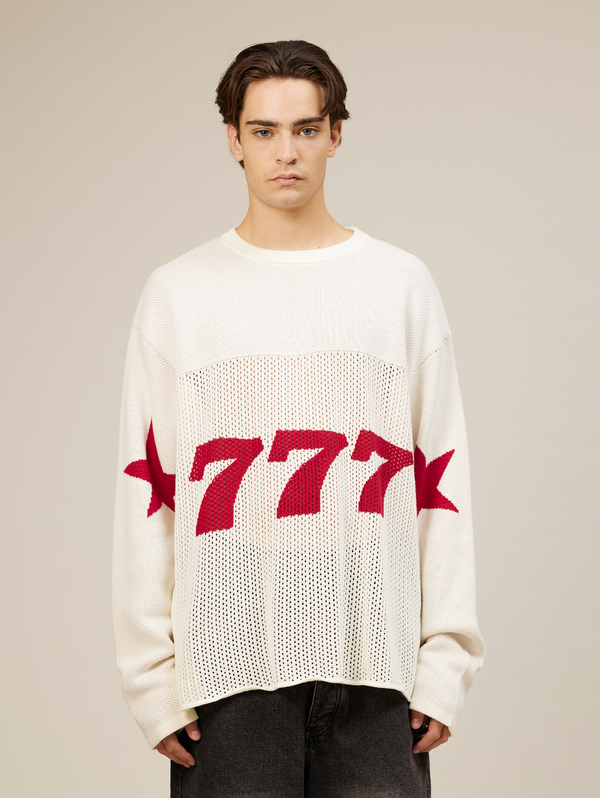 CREAM WHITE KNIT FOOTBALL SHIRT "777"