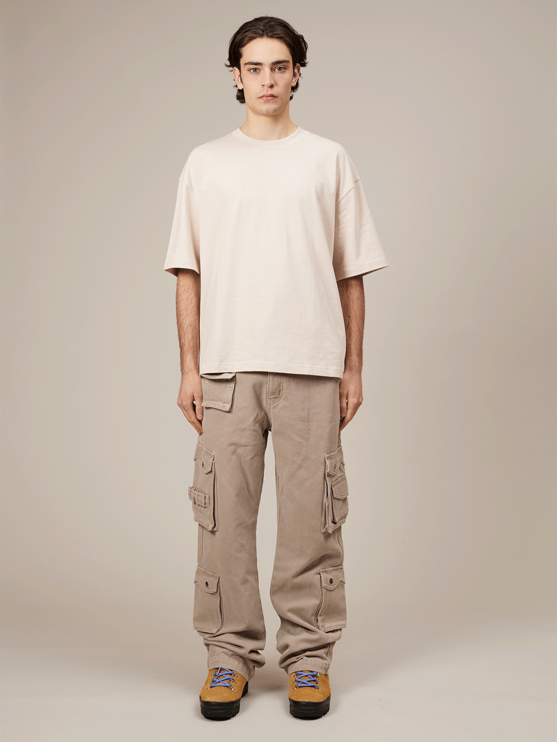 LIGHT BEIGE WASHED DOUBLE POCKETS CARGO PANTS