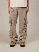 LIGHT BEIGE WASHED DOUBLE POCKETS CARGO PANTS