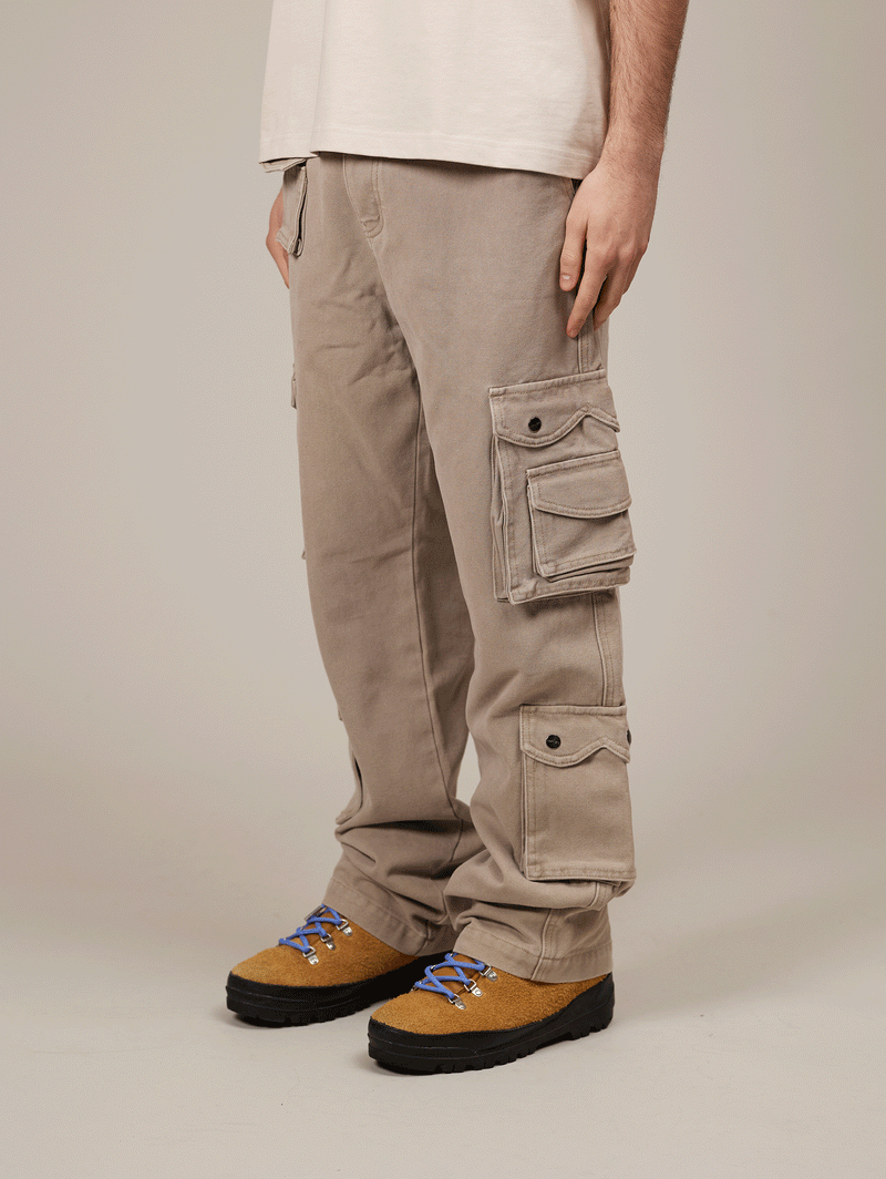 LIGHT BEIGE WASHED DOUBLE POCKETS CARGO PANTS