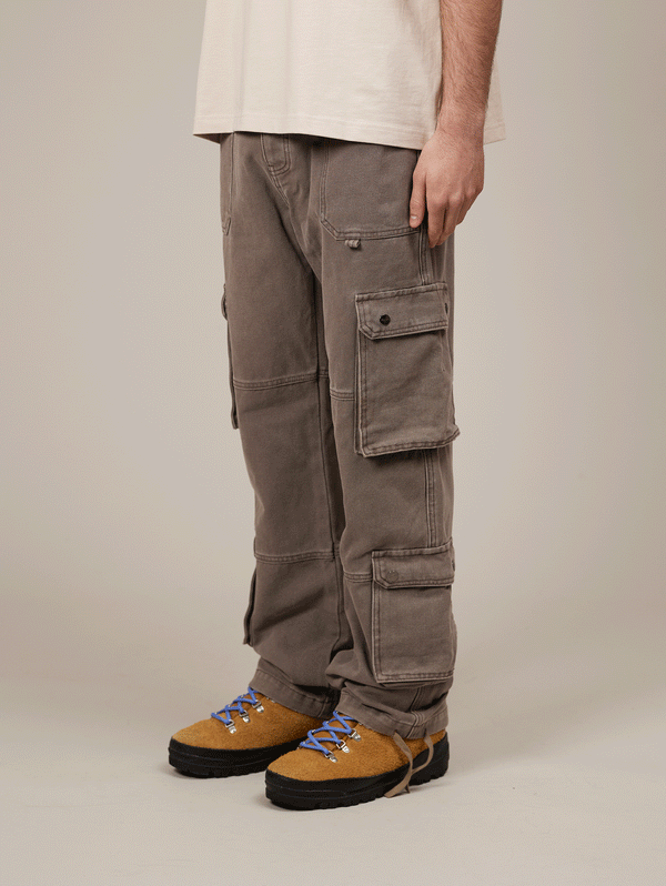 LIGHT BROWN WASHED DOUBLE POCKETS CARGO PANTS