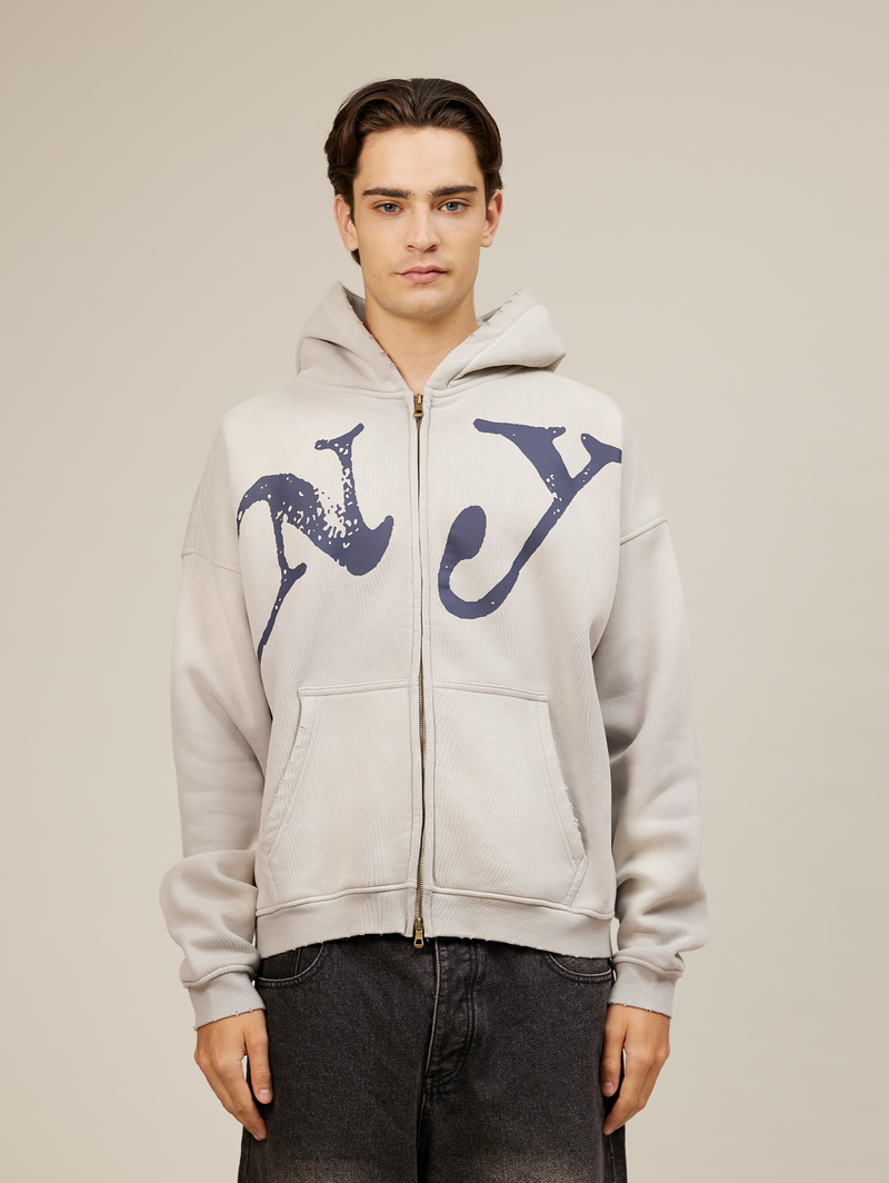 LIGHT GREY SUNFADED ZIP HOODED "NY"