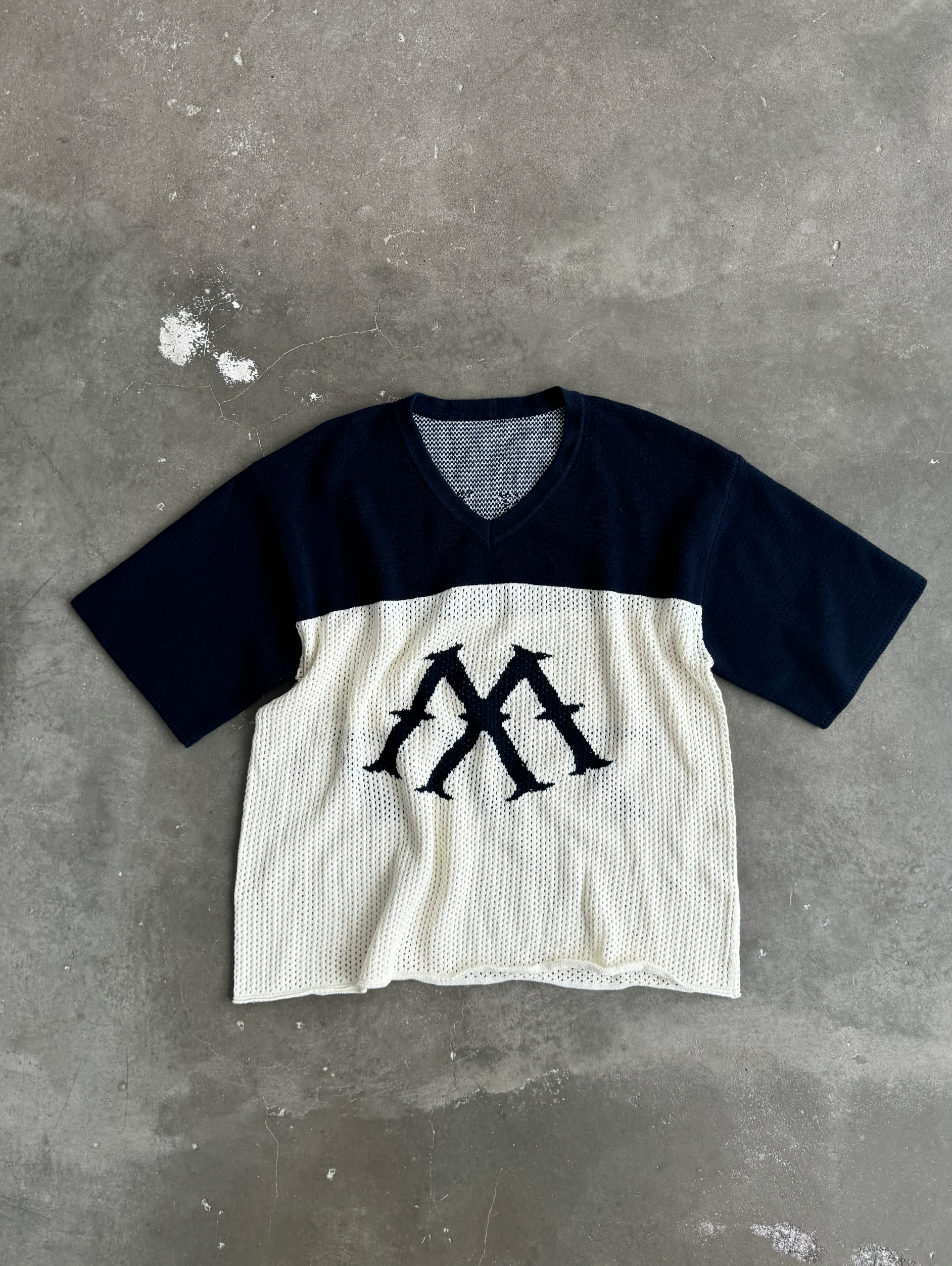 CONTRAST WHITE BLUE KNIT FOOTBALL JERSEY 